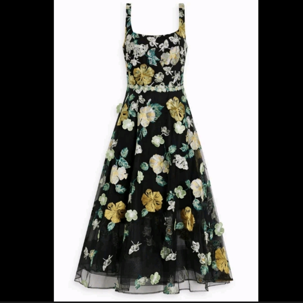 Marchesa Notte Floral Applique 3D Embroidered Tea Length Gown Tulle Size 8 - Picture 4 of 17
